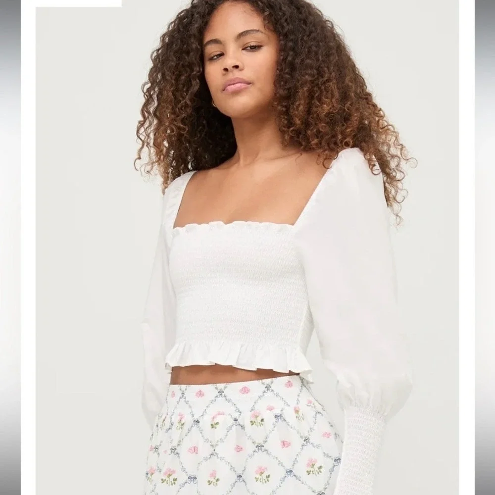 Hill‎ House Home The Grace Nap Top White Smocked Square Neck Puff Sleeve S NWT